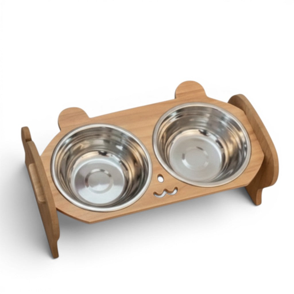 Double gamelle surélevée en bois pour chat Esprit Chat, avec deux bols en acier inoxydable, design ludique.