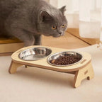 Esprit Chat gamelle double surélevée en bois avec bols en acier inoxydable pour chat ou petit chien.