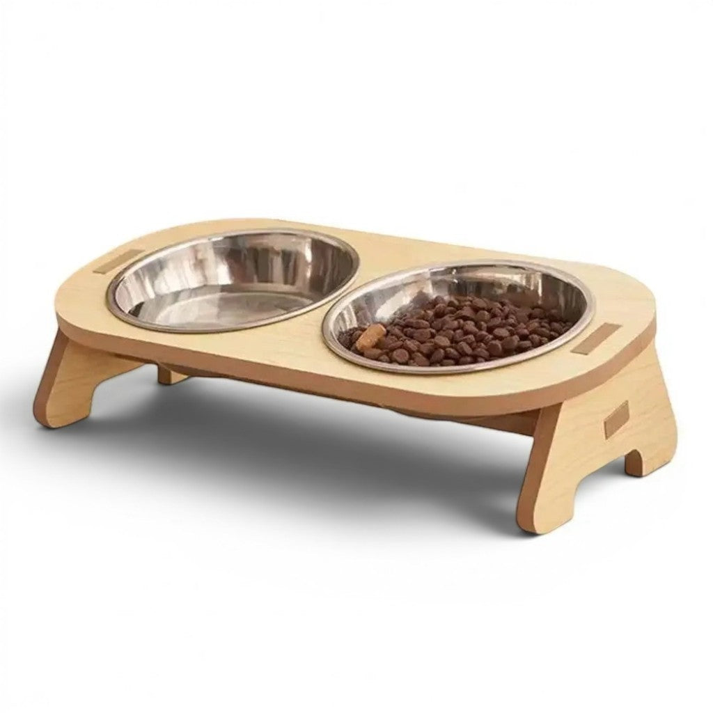 Esprit Chat double gamelle surélevée en bois avec bols en acier inoxydable pour chien et chat.