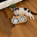 Esprit Chat gamelle double surélevée en bois avec support pour chat, design ours mignon, bols en acier inoxydable.
