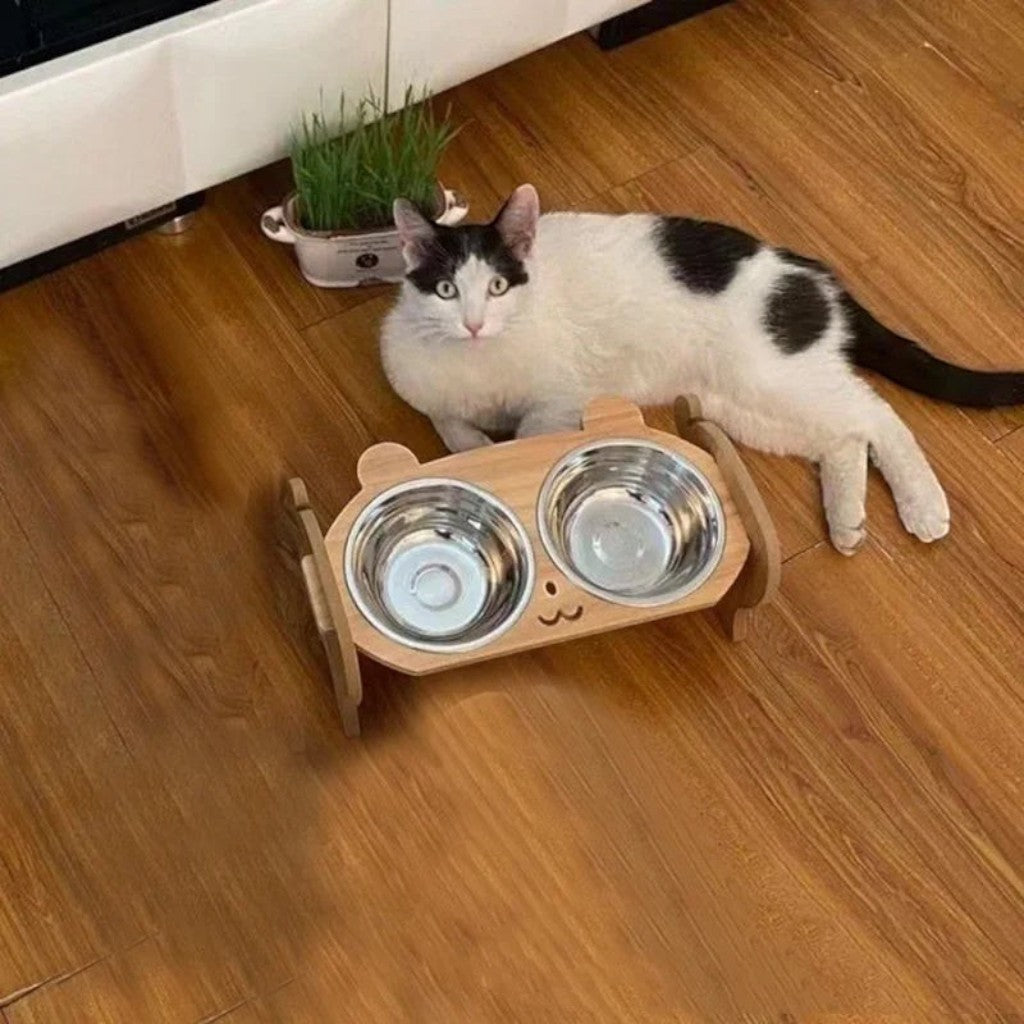 Esprit Chat gamelle double surélevée en bois avec support pour chat, design ours mignon, bols en acier inoxydable.