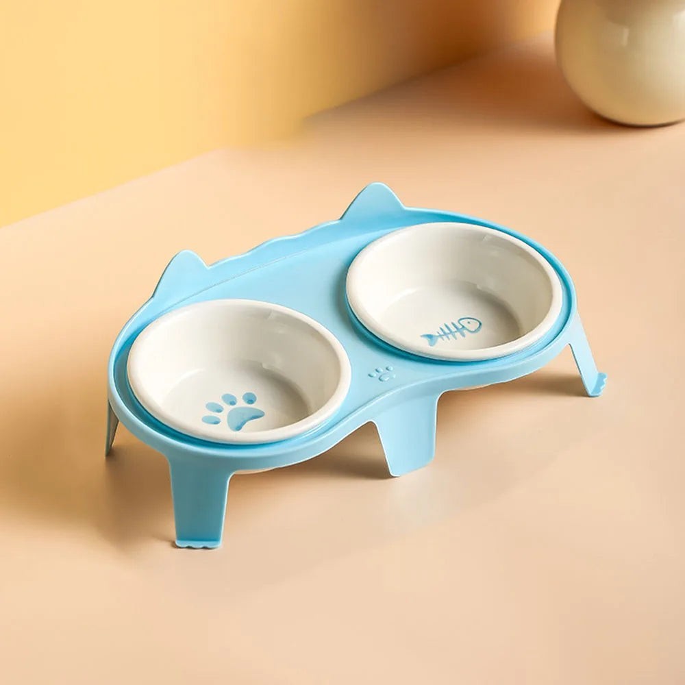Gamelle double Esprit Chat en céramique bleue avec motifs patte et arête de poisson pour chat