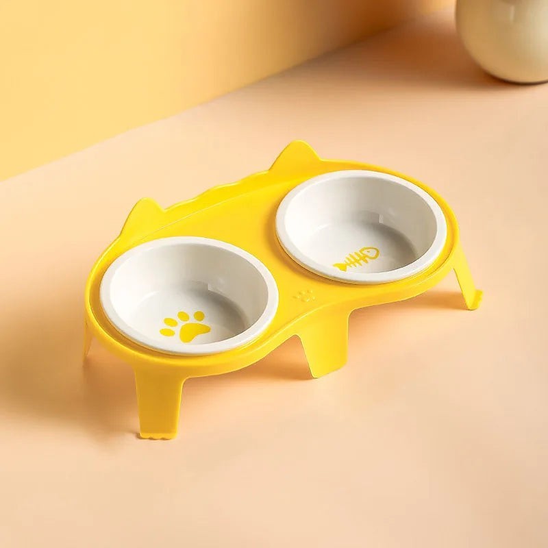Gamelle double Esprit Chat en céramique jaune avec motifs patte et arête de poisson pour chat