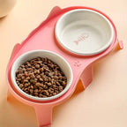 Gamelle double Esprit Chat en céramique rose avec motif d'arête de poisson pour chat