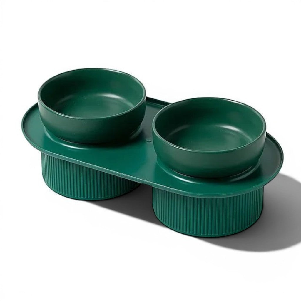 Gamelle double Esprit Chat en céramique vert malachite sur support surélevé pour chat et chien