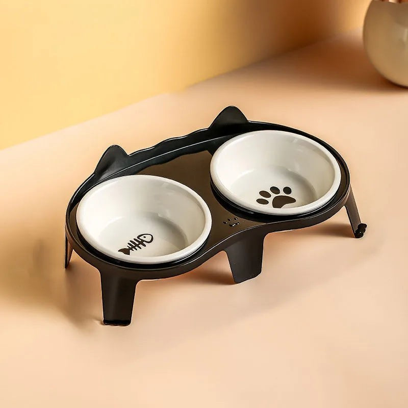 Gamelle double Esprit Chat en céramique blanche avec support noir en forme de chat pour nourriture et eau