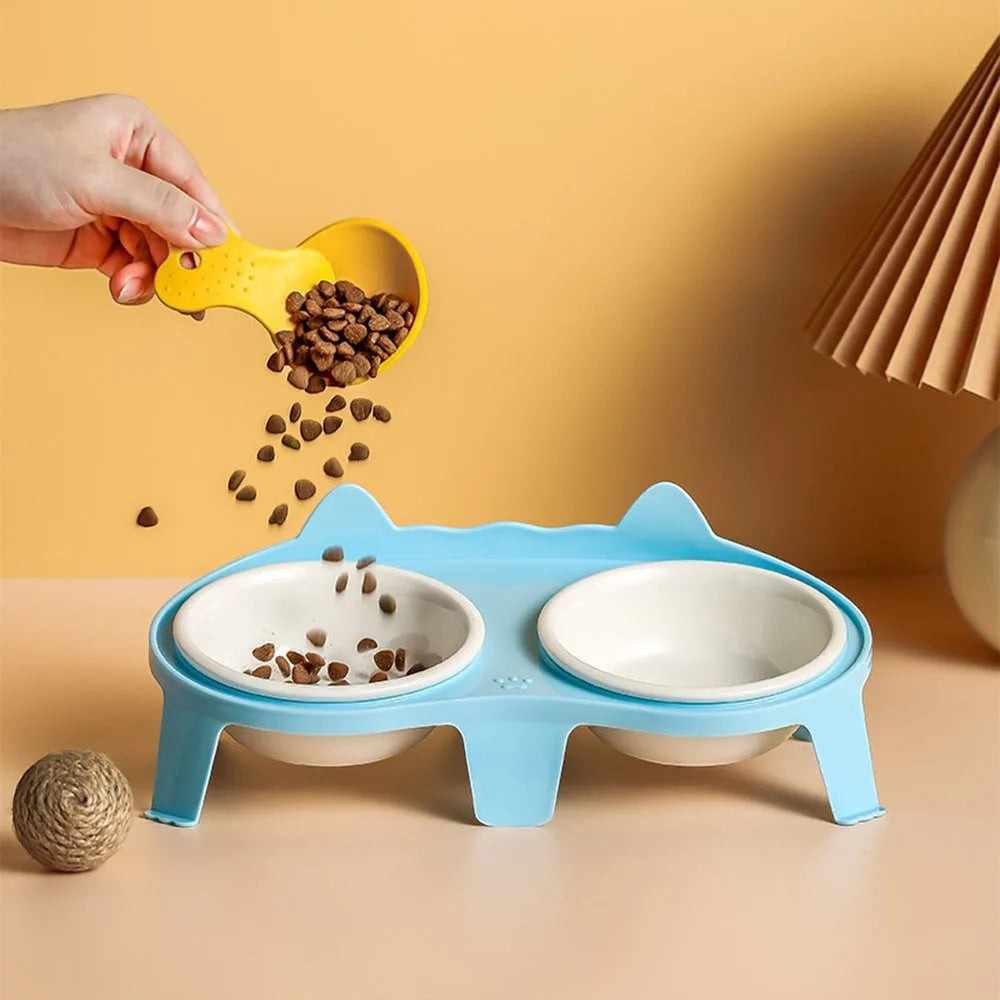 Gamelle double Esprit Chat en céramique bleue avec support surélevé en forme d'oreilles de chat pour nourriture