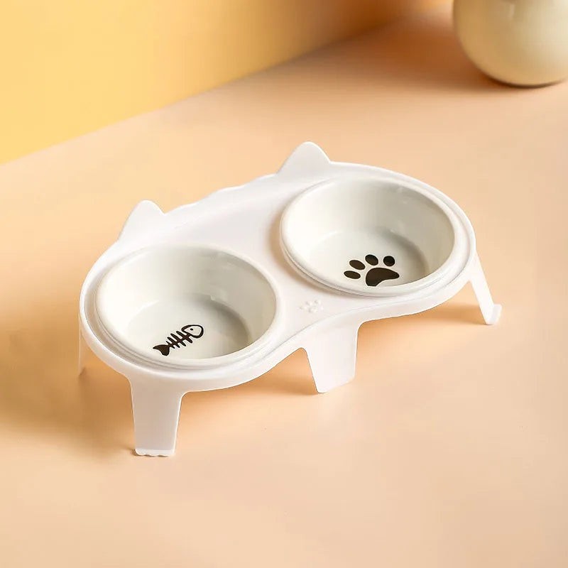 Gamelle double Esprit Chat en céramique blanche surélevée avec motifs patte et arête de poisson pour chat