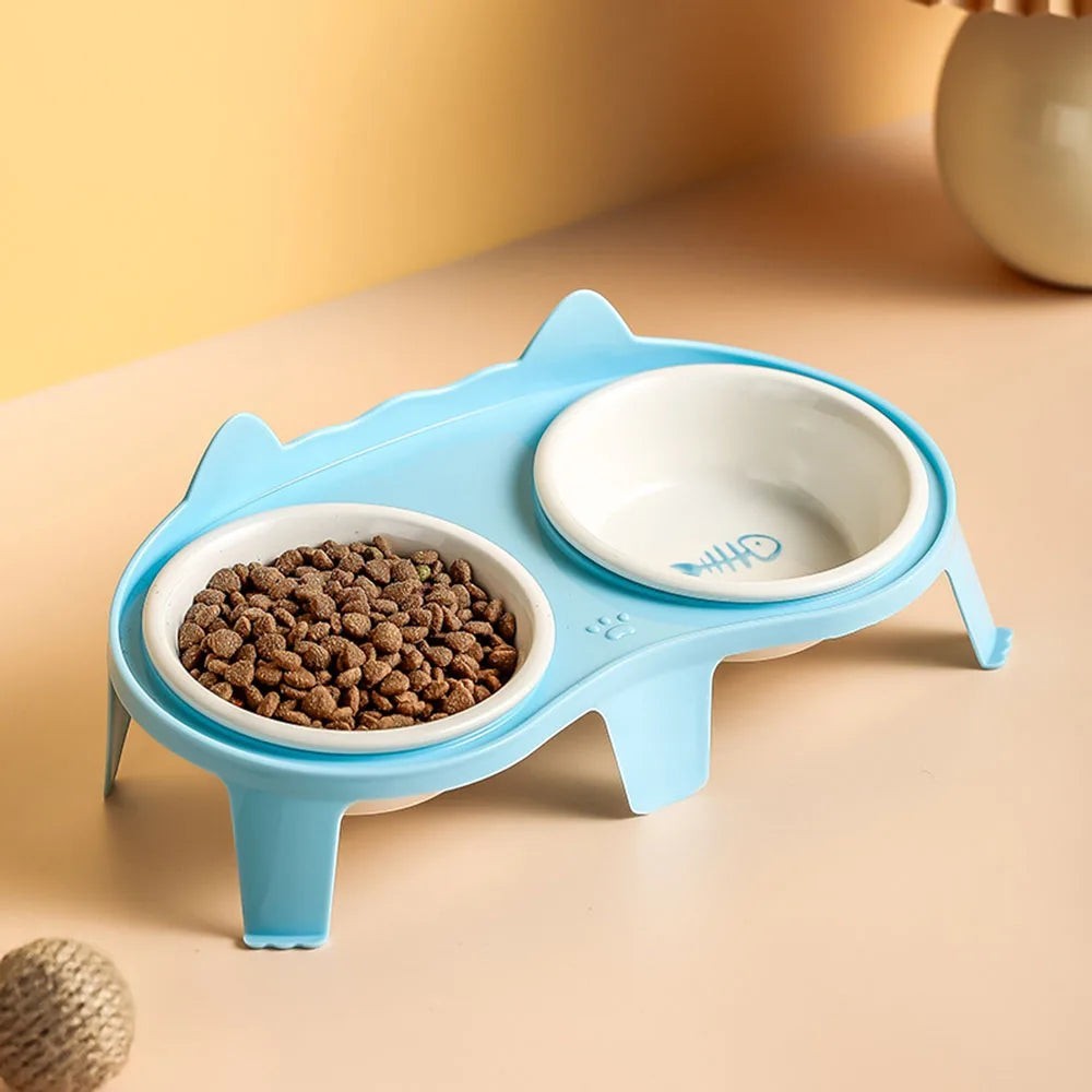 Gamelle double Esprit Chat en céramique bleue avec support surélevé et motif d'arête de poisson pour chat