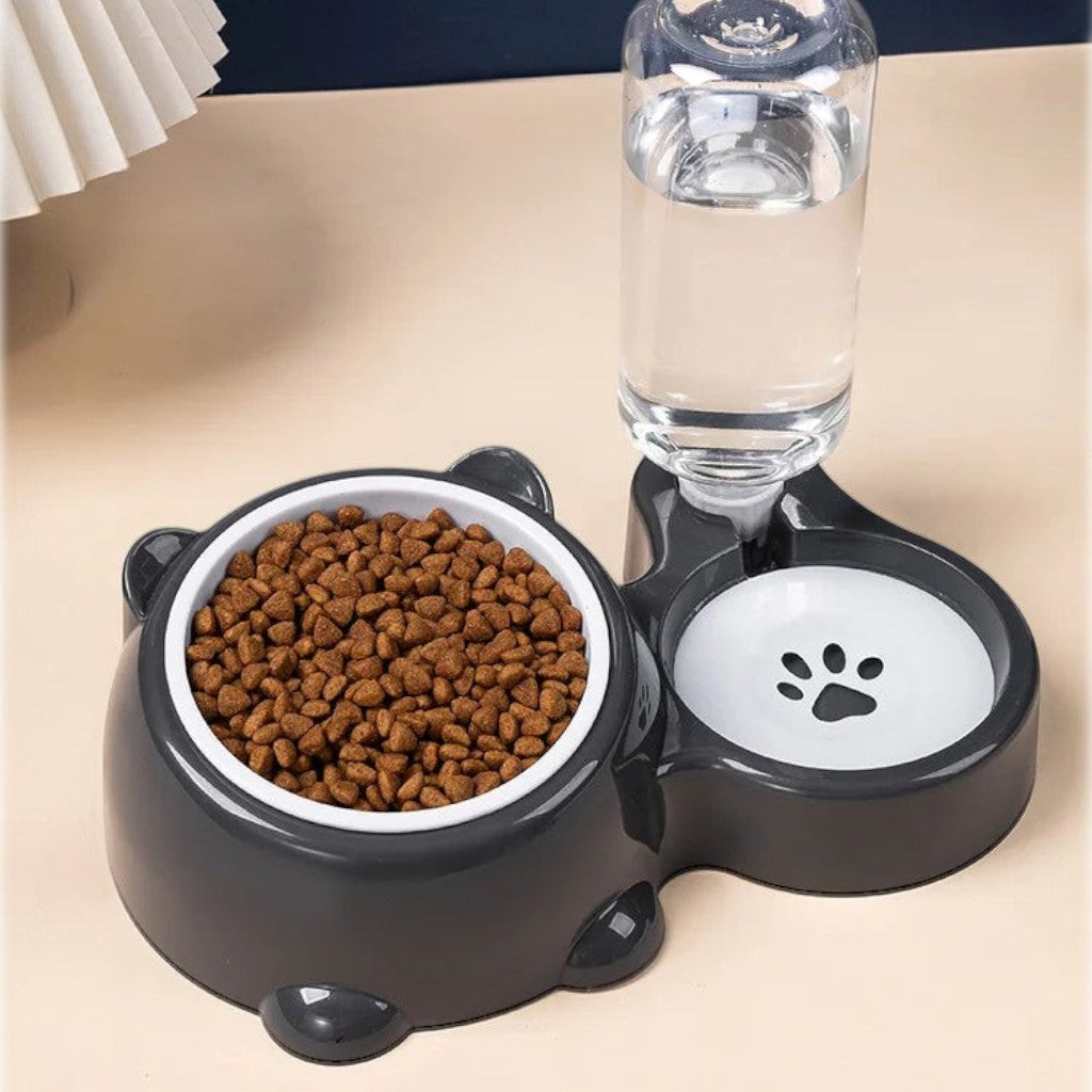 Gamelle double Esprit Chat en acier inoxydable et plastique gris avec distributeur d'eau automatique pour chat