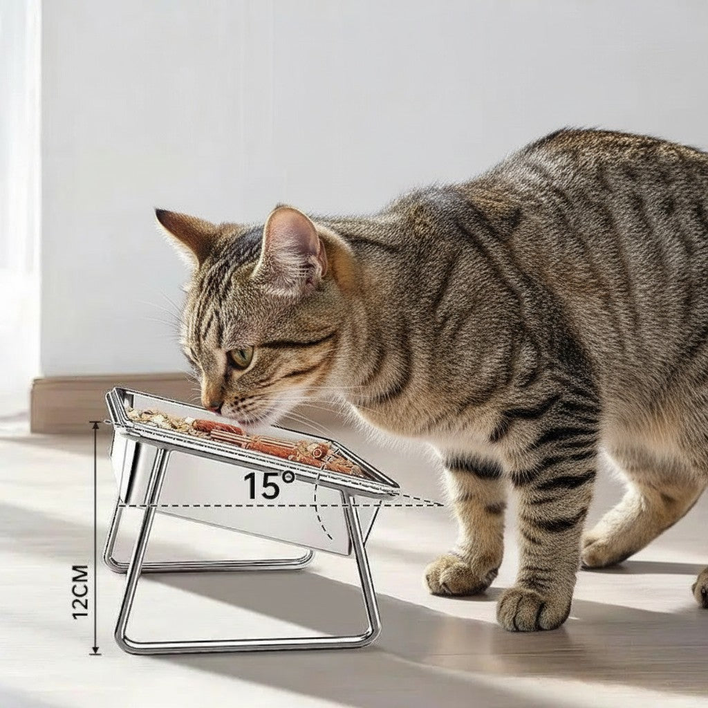 Gamelle double Esprit Chat en acier inoxydable sur pied incliné à 15 degrés pour le confort cervical du chat