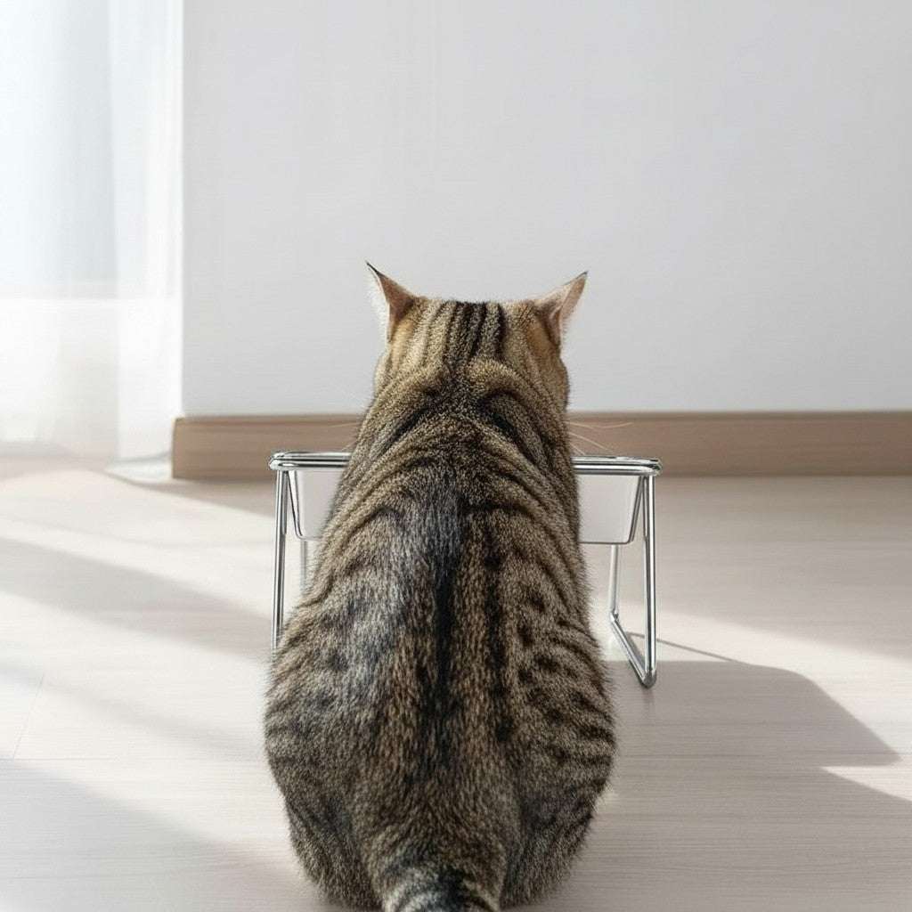 Chat tigré mangeant dans une gamelle double Esprit Chat en acier inoxydable surélevée pour un meilleur confort