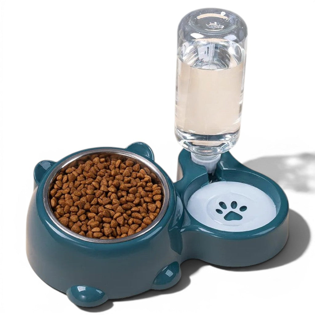 Gamelle Esprit Chat double avec bol en inox et distributeur d'eau automatique bleu pour chat