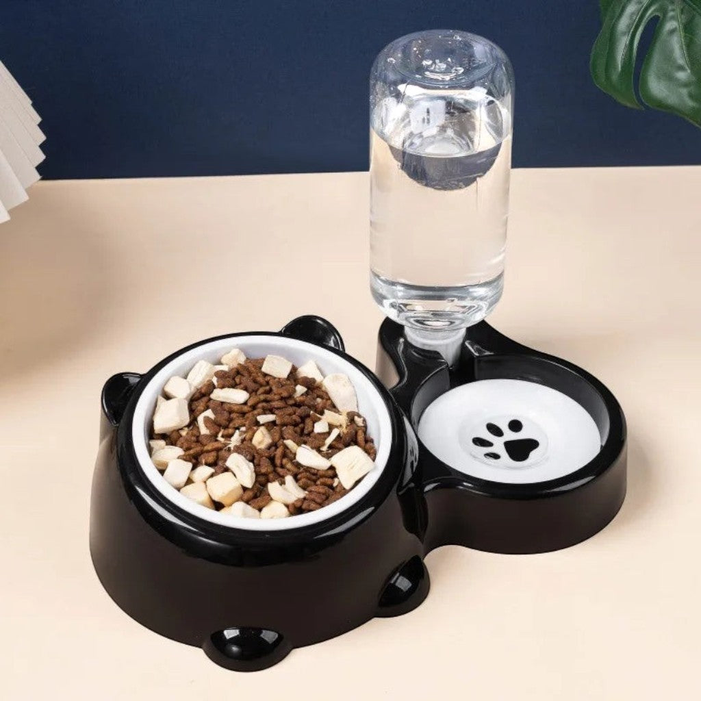 Gamelle Esprit Chat noire avec bol en inox et distributeur d'eau automatique pour chat