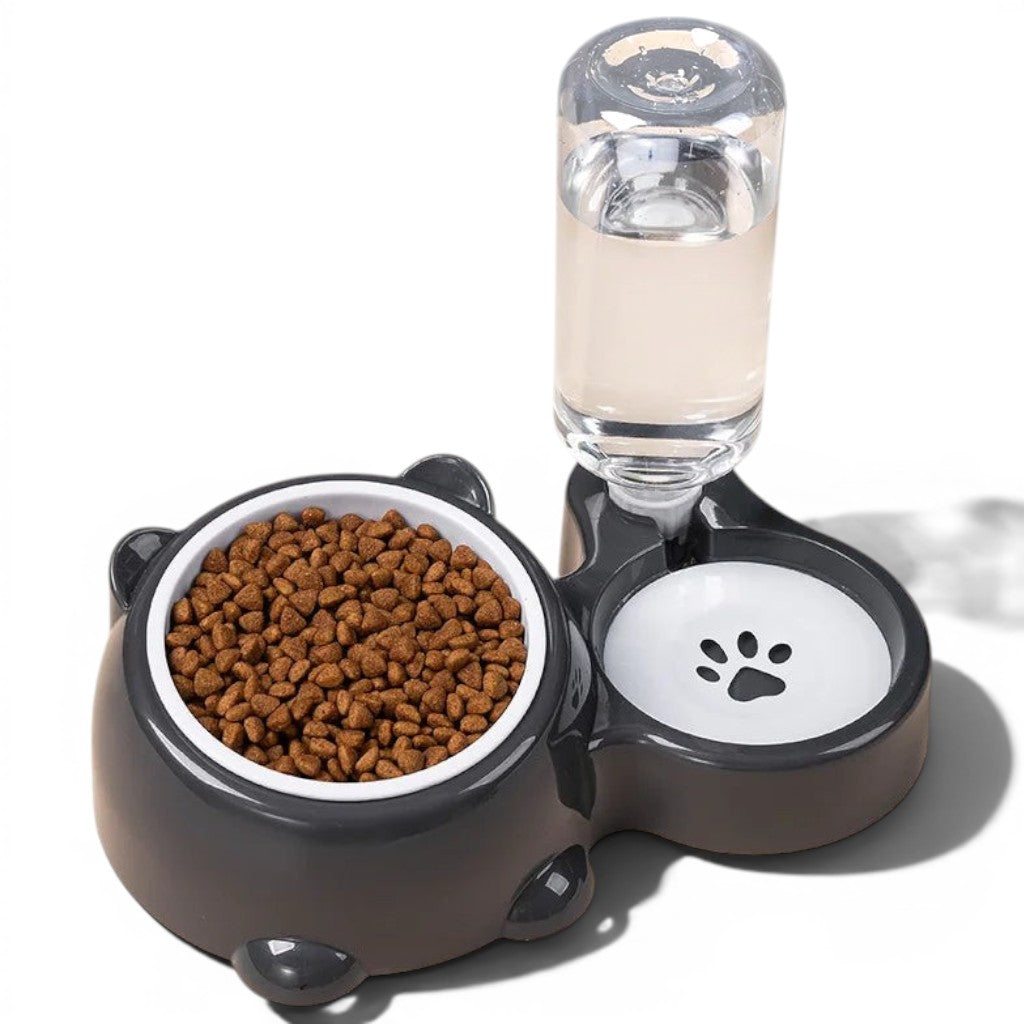 Gamelle Esprit Chat double avec bol en inox et distributeur d'eau automatique pour chat, base grise antidérapante