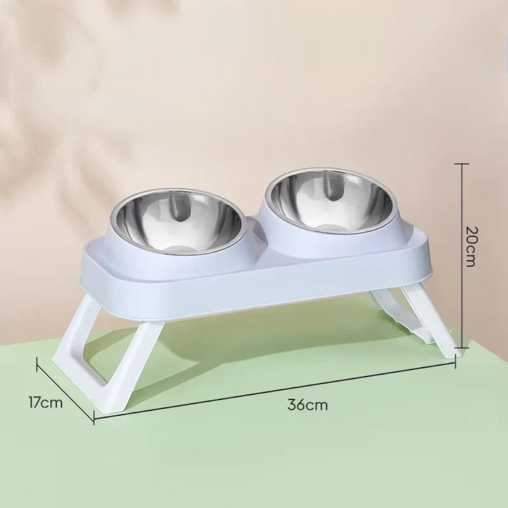 Gamelle double surélevée Esprit Chat en acier inoxydable bleu clair avec support pliable pour une posture ergonomique