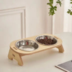 Esprit Chat double gamelle surélevée en bois pour chat et chien, bols en acier inoxydable.