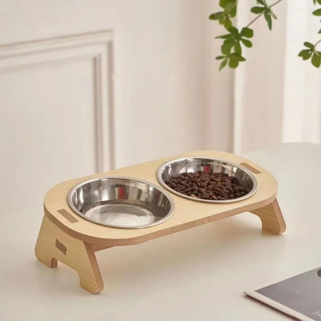 Esprit Chat double gamelle surélevée en bois pour chat et chien, bols en acier inoxydable.
