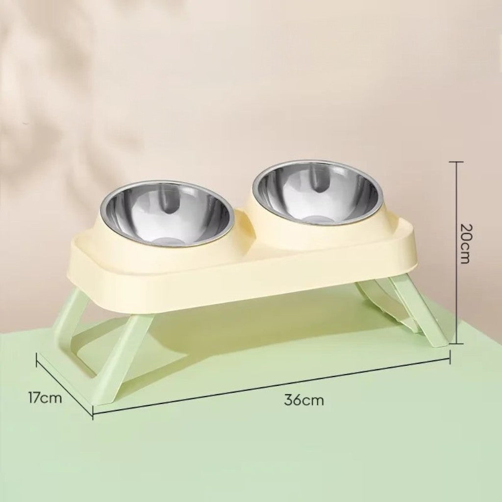 Gamelle double surélevée Esprit Chat en acier inoxydable avec support jaune fromage pour une alimentation ergonomique