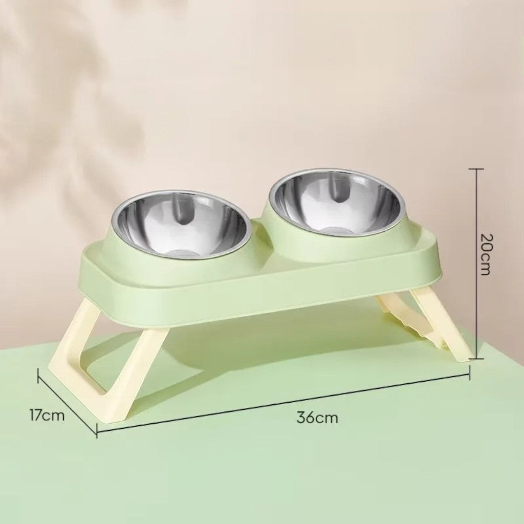 Gamelle double surélevée Esprit Chat en acier inoxydable avec support vert clair pour une posture ergonomique