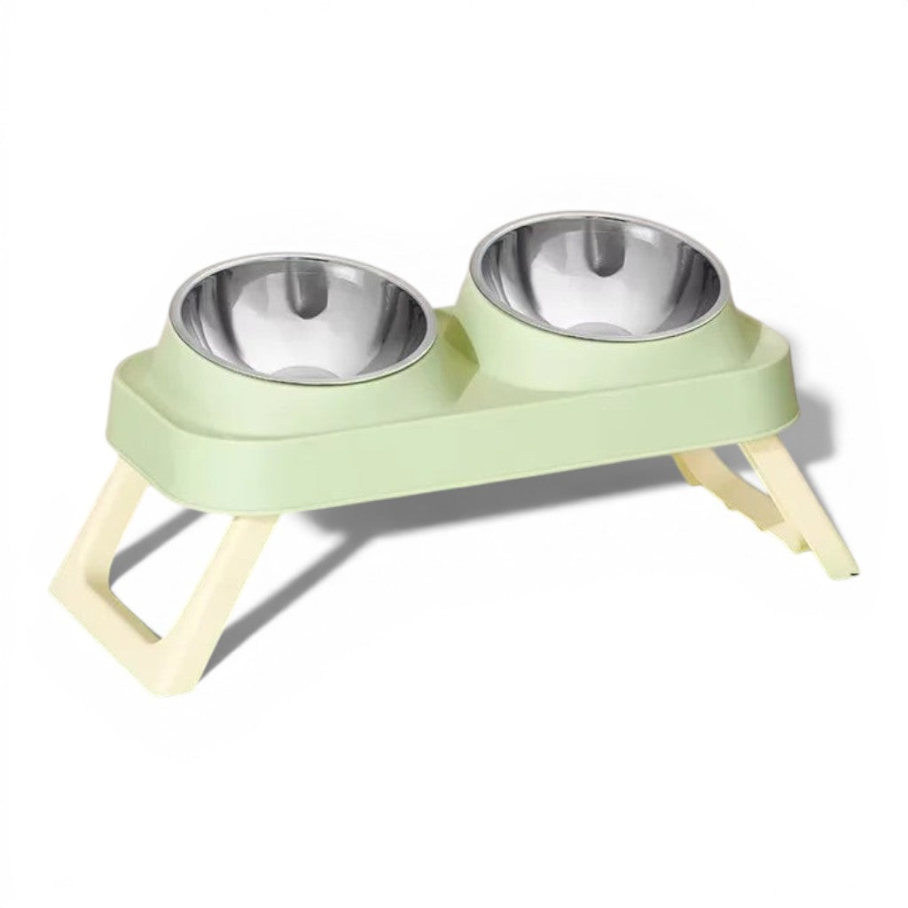 Gamelle double surélevée Esprit Chat en acier inoxydable avec support vert pastel pour une posture ergonomique