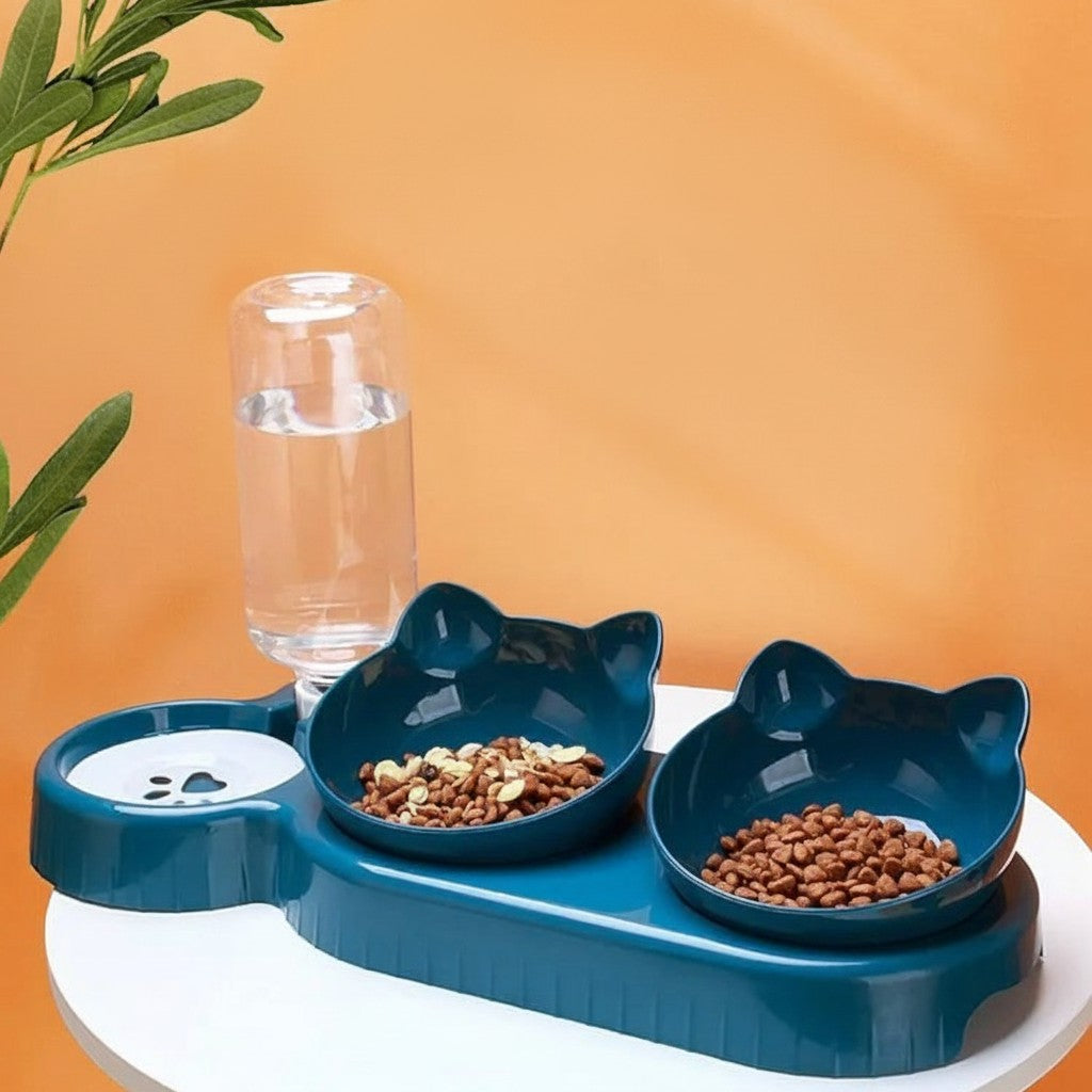 Gamelle ergonomique Esprit Chat en plastique bleu canard avec distributeur d'eau et 2 bols pour nourriture.