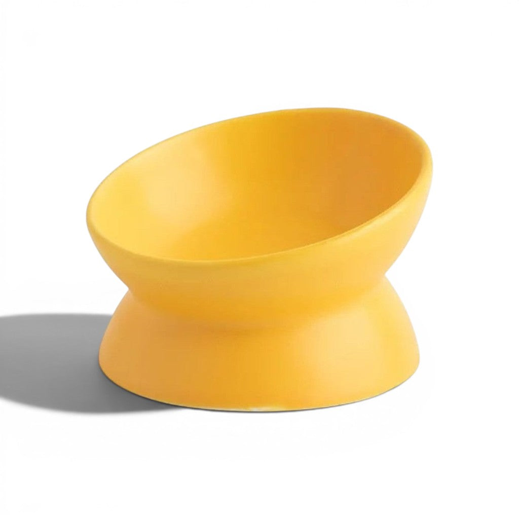 Gamelle inclinée Esprit Chat en céramique jaune pour chat, design ergonomique surélevé et arrondi
