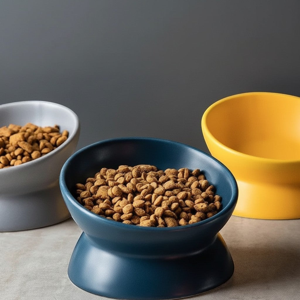 Gamelles inclinées Esprit Chat en céramique pour chat, disponibles en bleu, gris et jaune avec des croquettes.