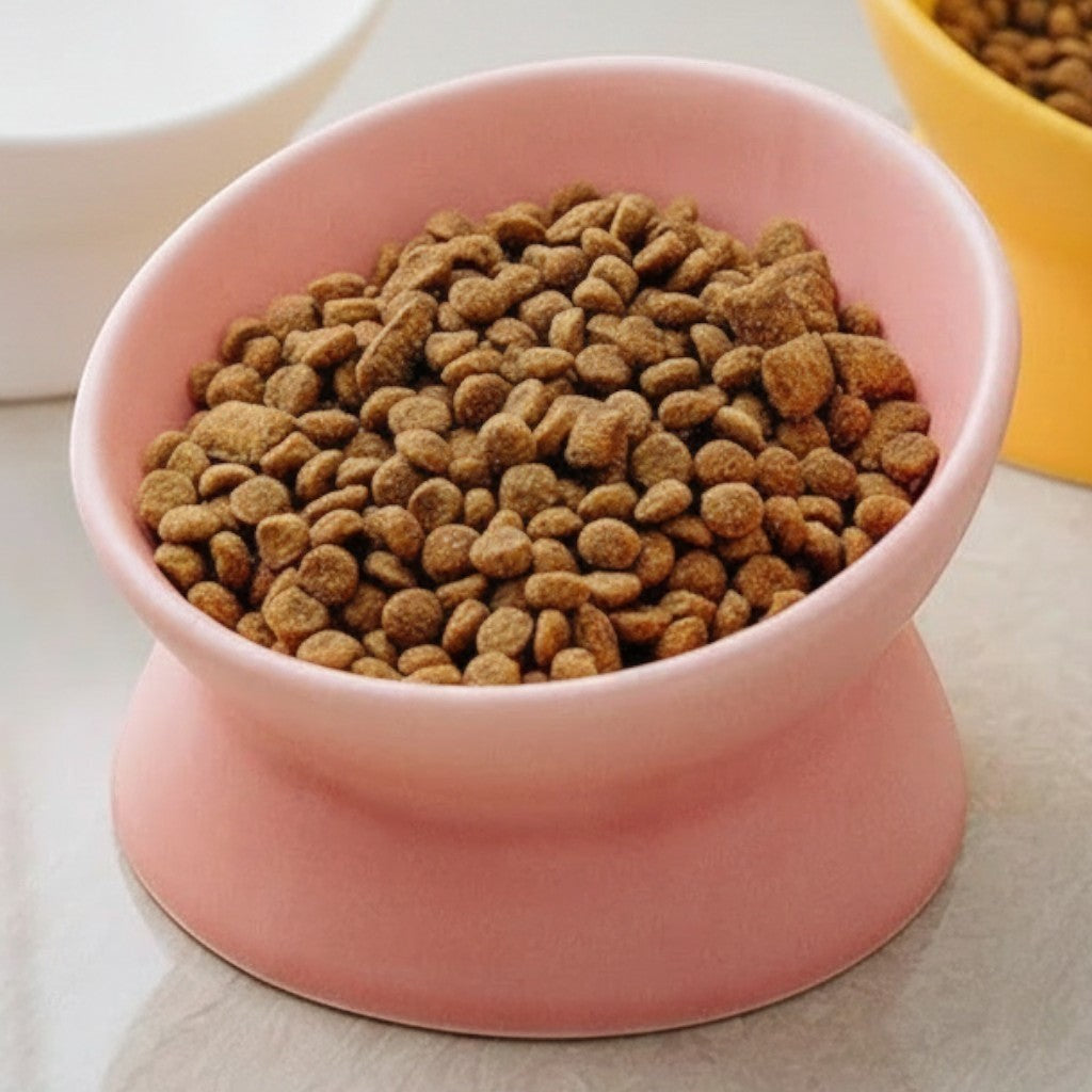 Gamelle inclinée Esprit Chat en céramique pour chat, disponible en rose, jaune et blanc pour une alimentation ergonomique