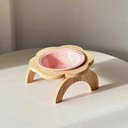 Gamelle surélevée Esprit Chat avec bol en céramique rose et support en bois en forme de fleur pour chat