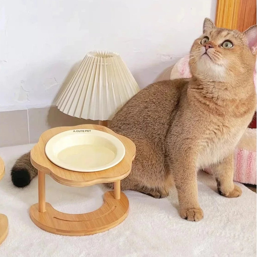 Gamelle pour chat Esprit Chat surélevée en céramique avec support en bois en forme de fleur pour protéger le cou
