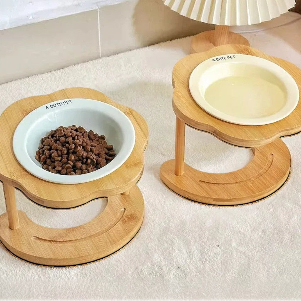 Gamelle surélevée Esprit Chat en céramique avec support en bois en forme de fleur pour chat