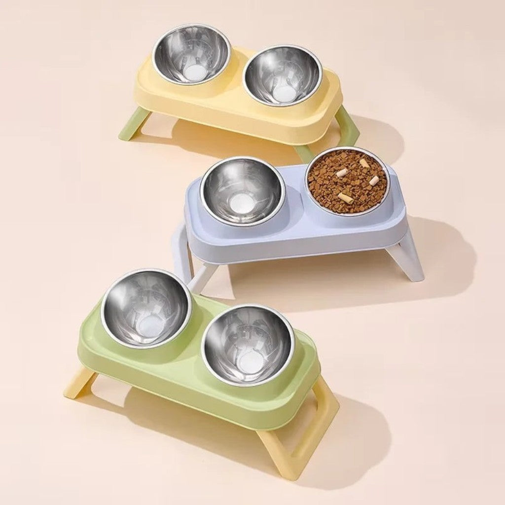 Gamelle surélevée Esprit Chat avec deux bols en acier inoxydable pour chat, disponible en jaune, bleu et vert pastel