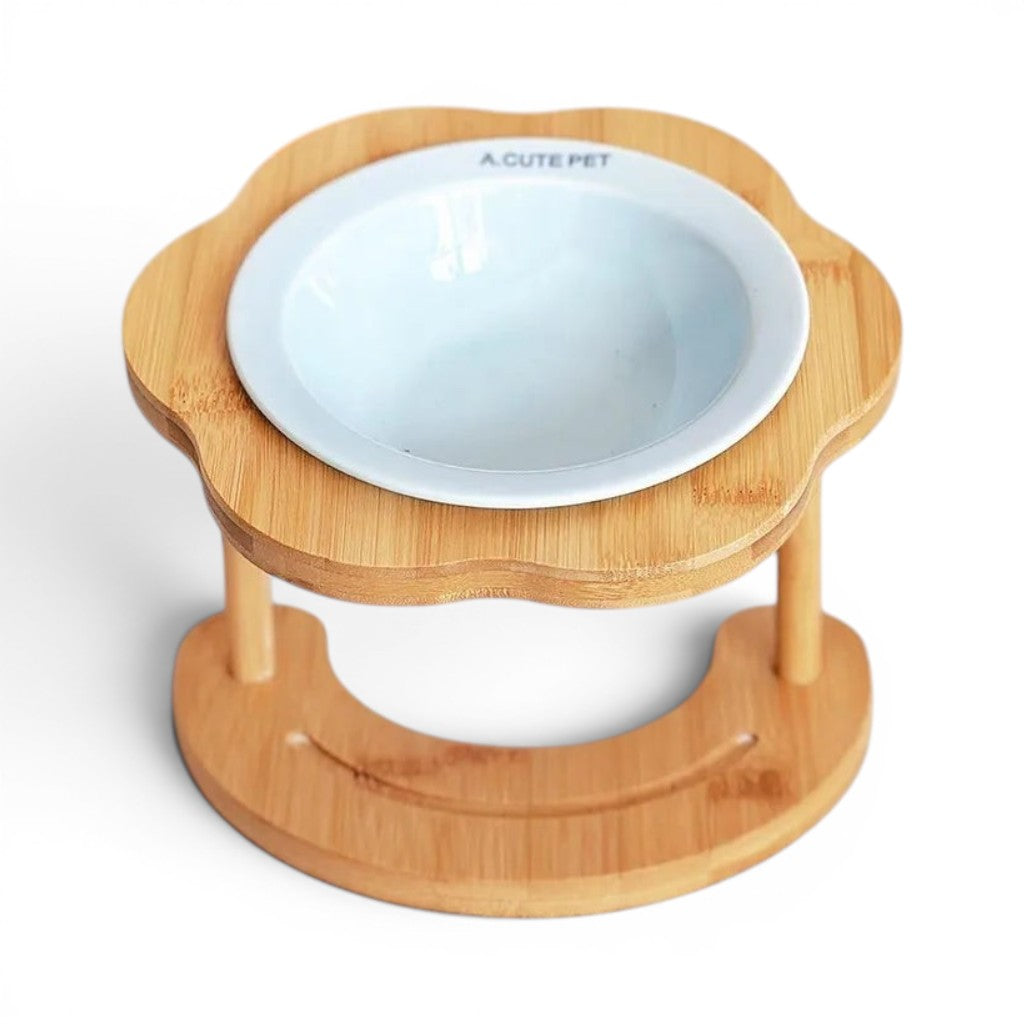 Gamelle surélevée Esprit Chat en céramique blanche avec support en bois en forme de fleur pour le confort du chat