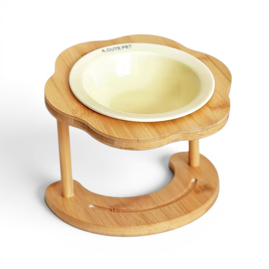 Gamelle surélevée Esprit Chat en céramique crème avec support en bois en forme de fleur pour le confort du chat