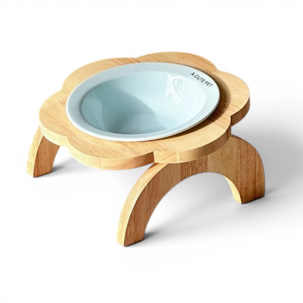 Gamelle surélevée Esprit Chat en céramique bleu clair avec support en bois en forme de fleur pour protéger le cou du chat