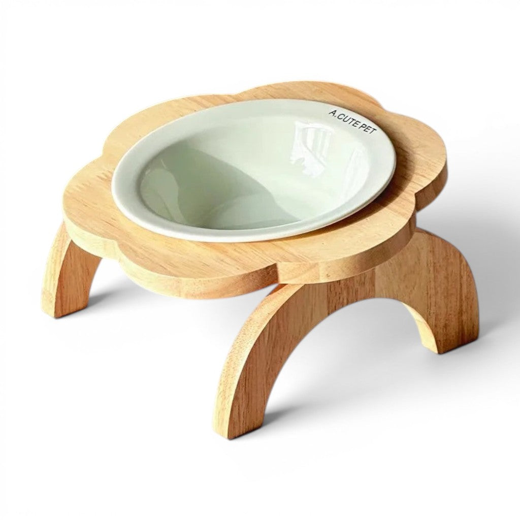Gamelle surélevée Esprit Chat en céramique blanche avec support en bois en forme de fleur pour le confort du chat