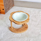 Gamelle surélevée Esprit Chat en céramique blanche avec support en bois en forme de fleur pour le confort du chat
