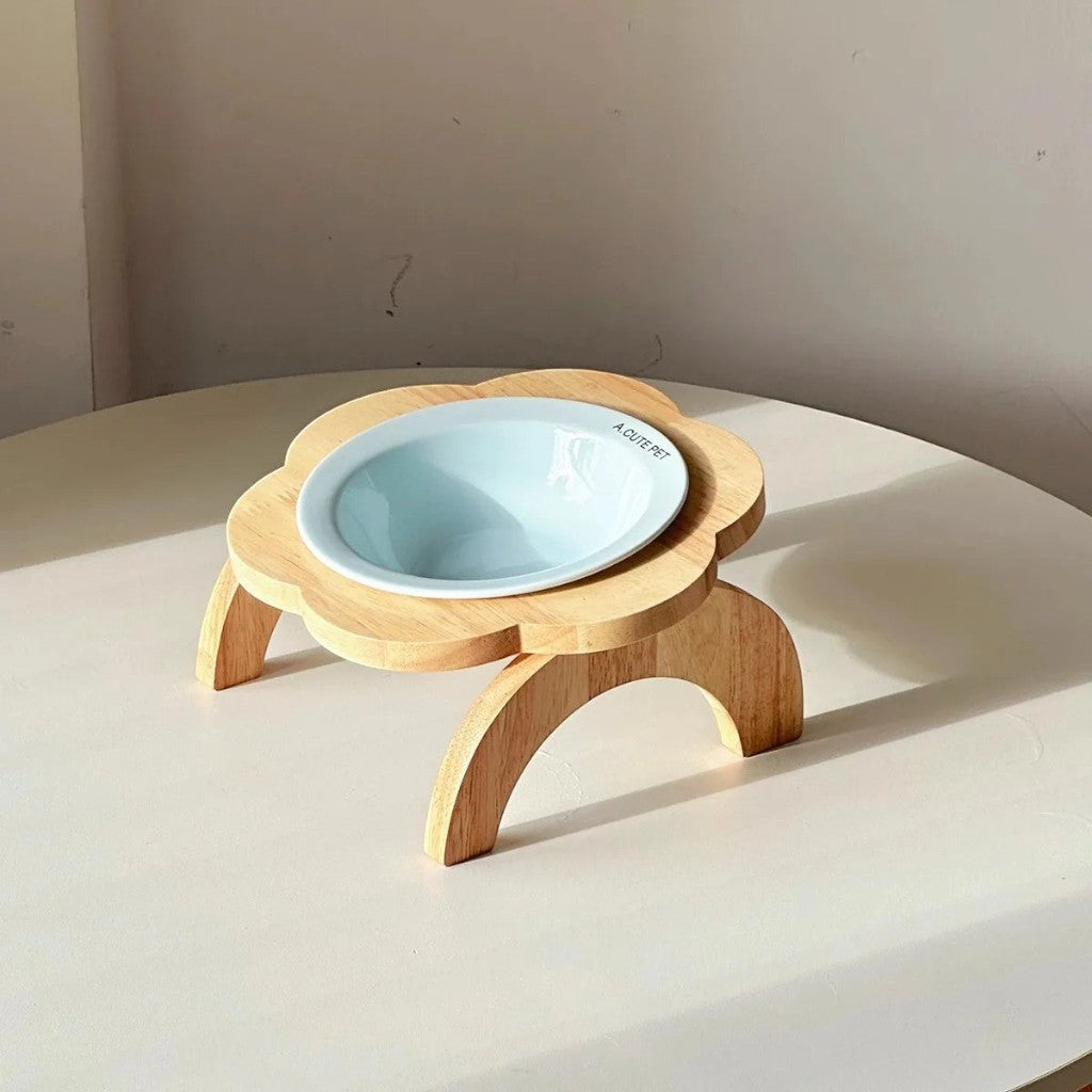 Gamelle surélevée Esprit Chat en céramique bleue avec support en bois en forme de fleur pour le confort du chat