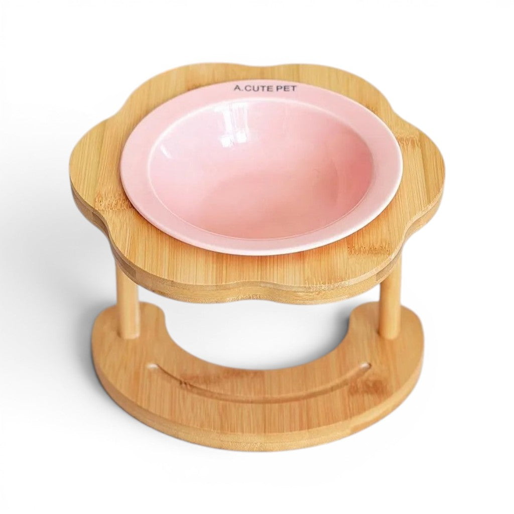 Gamelle surélevée Esprit Chat en céramique rose avec support en bois en forme de fleur pour le confort du chat