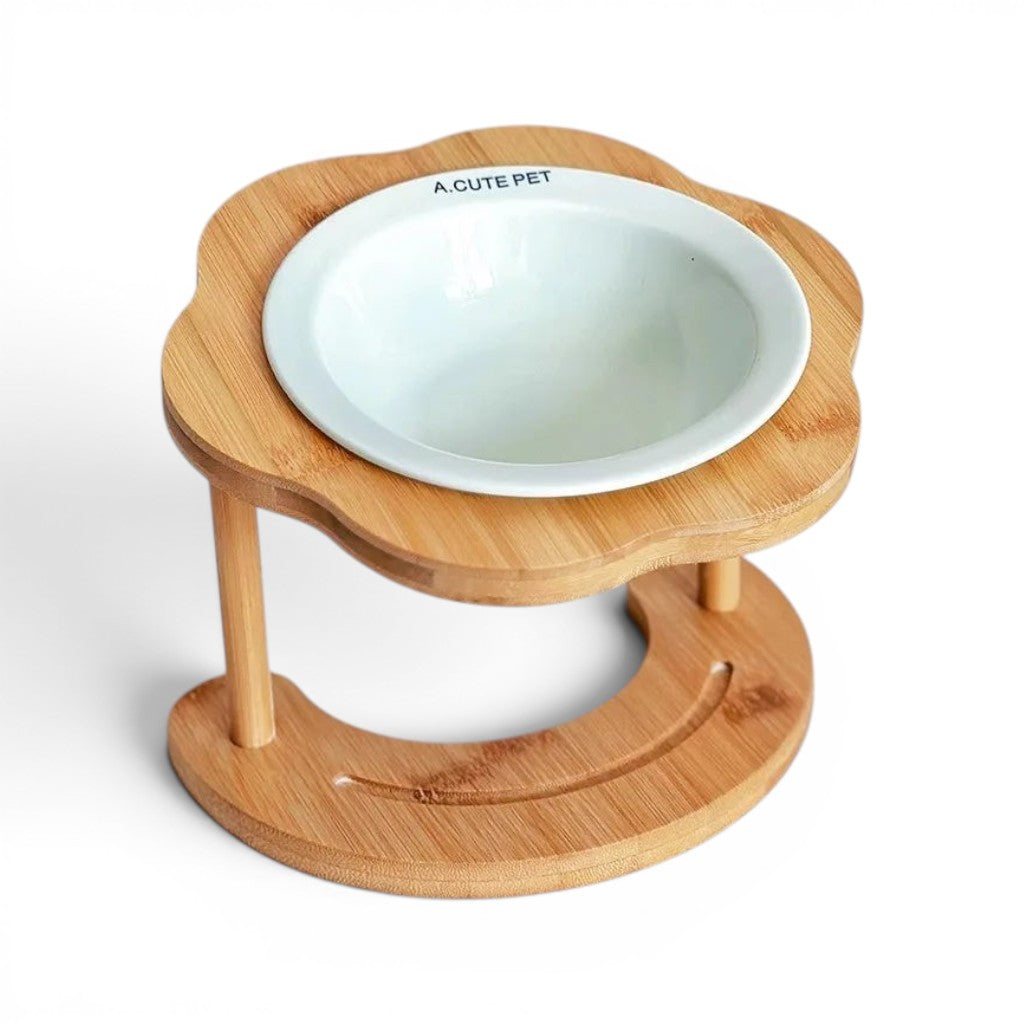 Gamelle surélevée Esprit Chat en céramique blanche avec support en bois en forme de fleur pour chat