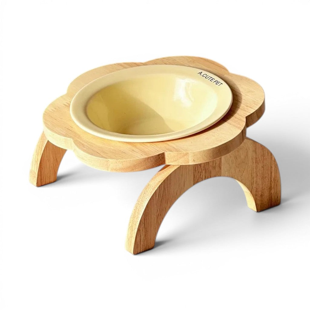 Gamelle surélevée Esprit Chat en céramique crème avec support en bois en forme de fleur pour le confort du chat