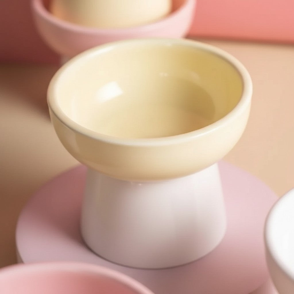 Gamelle surélevée pour chat Esprit Chat en céramique jaune et blanche au design arrondi et ergonomique