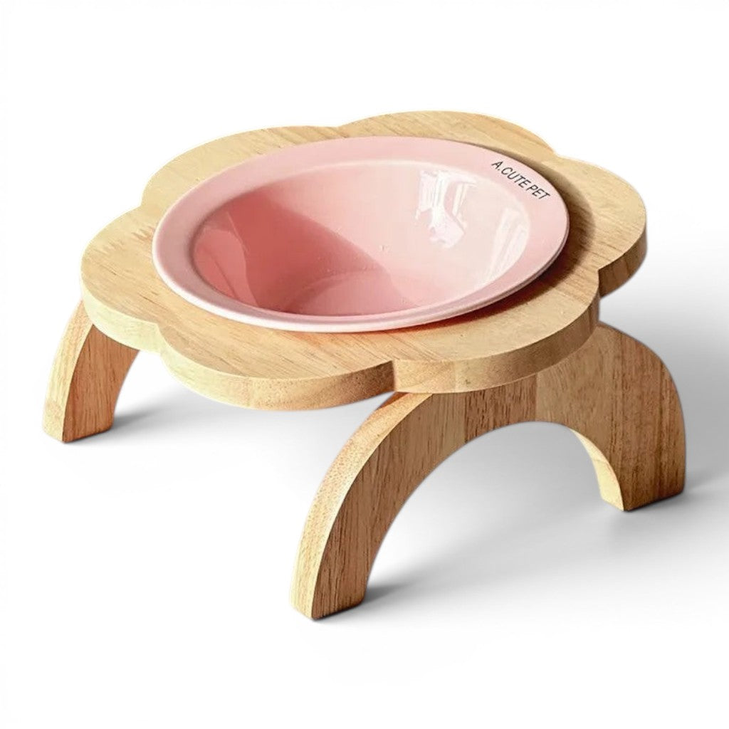 Gamelle surélevée Esprit Chat en céramique rose avec support en bois en forme de fleur pour le confort du chat