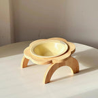 Gamelle surélevée Esprit Chat en céramique jaune avec support en bois en forme de fleur pour chat