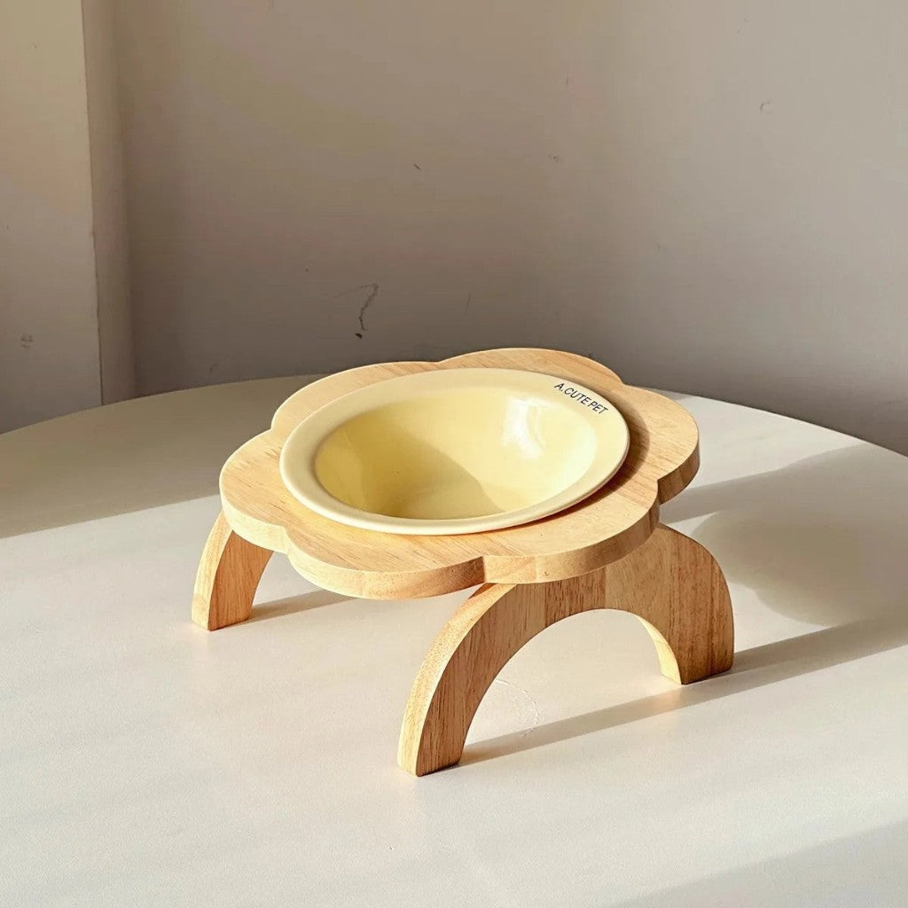 Gamelle surélevée Esprit Chat en céramique jaune avec support en bois en forme de fleur pour chat