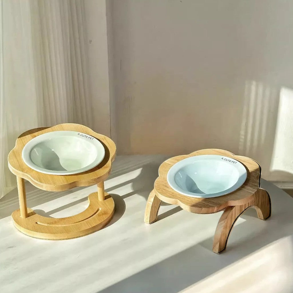 Gamelles surélevées Esprit Chat en céramique blanche avec support en bois en forme de fleur pour le confort du chat