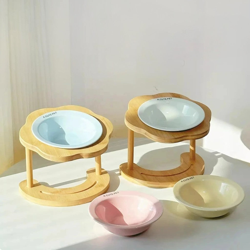 Gamelles surélevées Esprit Chat en céramique avec support en bois pour une posture confortable du chat