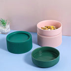 Gamelles surélevées Esprit Chat en céramique rose et verte avec support strié pour une alimentation confortable