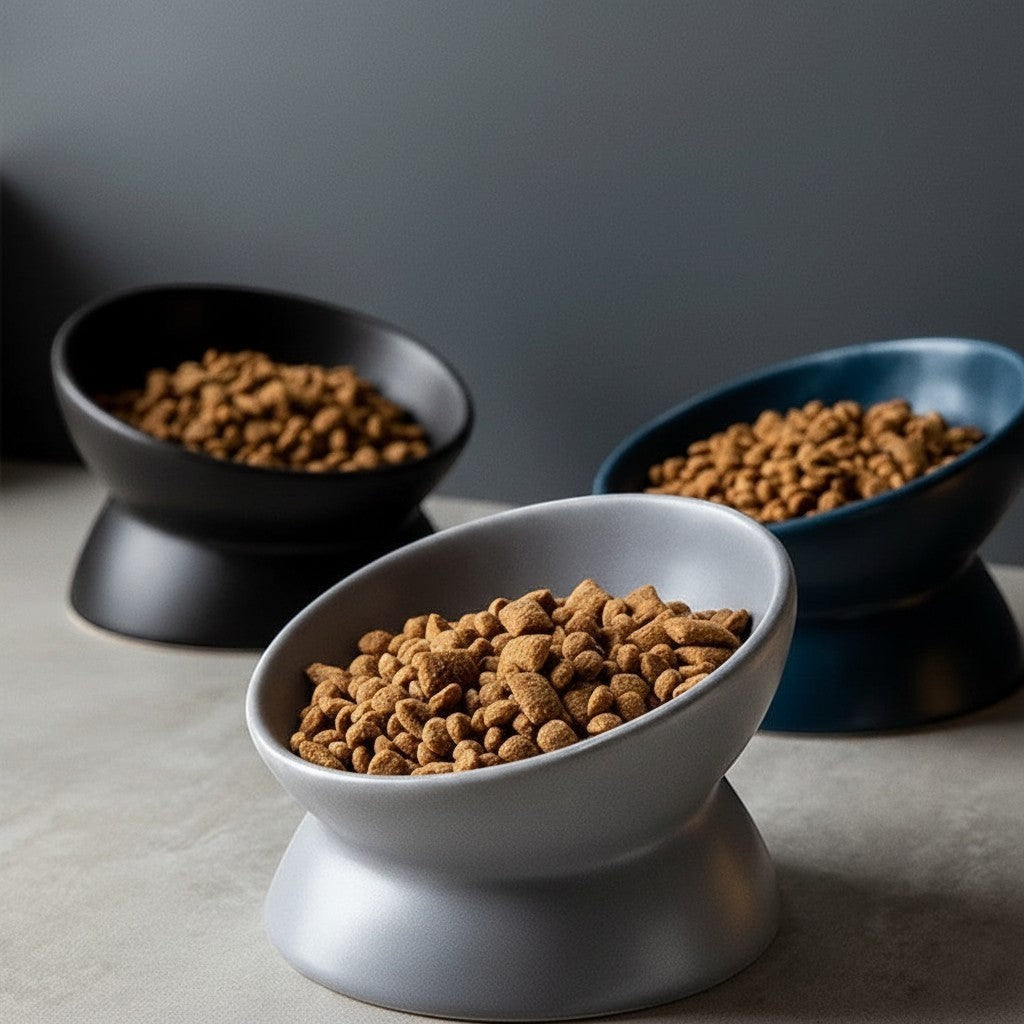 Gamelles inclinées Esprit Chat en céramique pour chat, disponibles en gris, noir et bleu, remplies de croquettes.